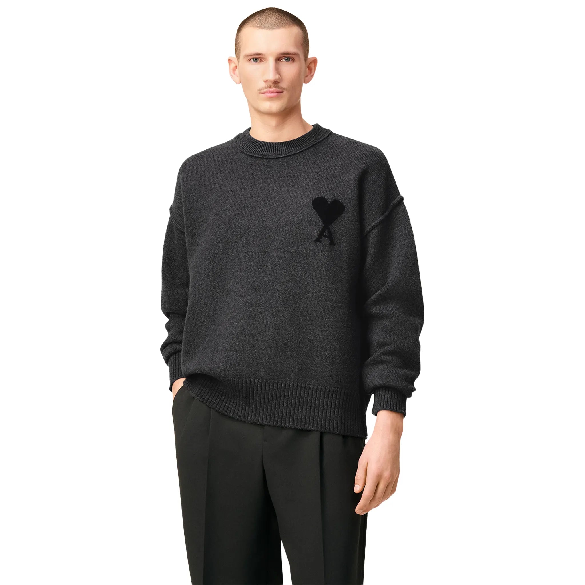 Front View of Ami Paris Ami De Coeur Wool Heather Grey Black Crewneck Sweater UKS838-018-0504